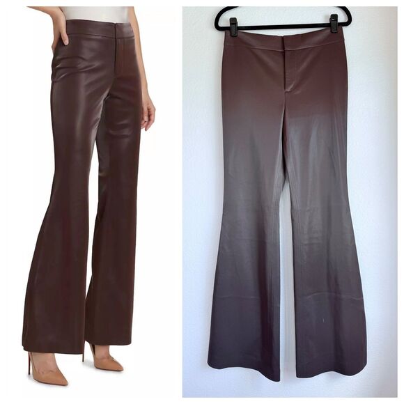 NWOT Alice + Olivia Andrew Shiny Vegan Leather Bootcut Pants in Espresso Brown 6 - Picture 1 of 15